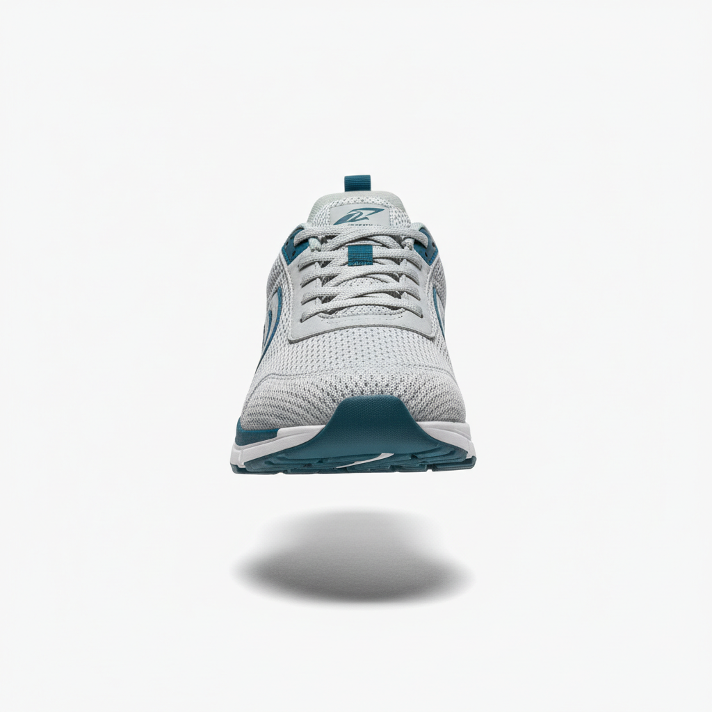 Un zapato deportivo urbano mexicano, de malla gris clara y detalles en azul petróleo, suspendido visualmente sobre un fondo blanco casi infinito, apoyado apenas sobre una sutil sombra suave. La iluminación es de estudio, muy uniforme, con luz frontal difusa que resalta texturas de la suela y respirabilidad de la malla. Composición centrada con encuadre cerrado al calzado, profundidad de campo nítida en todo el zapato para mostrar cada detalle técnico. Estilo fotográfico moderno y minimalista, con sensación dinámica y profesional, perfecto para una sección de catálogo deportivo. La atmósfera es limpia, tecnológica y enfocada en el rendimiento, sin elementos humanos ni distracciones alrededor.