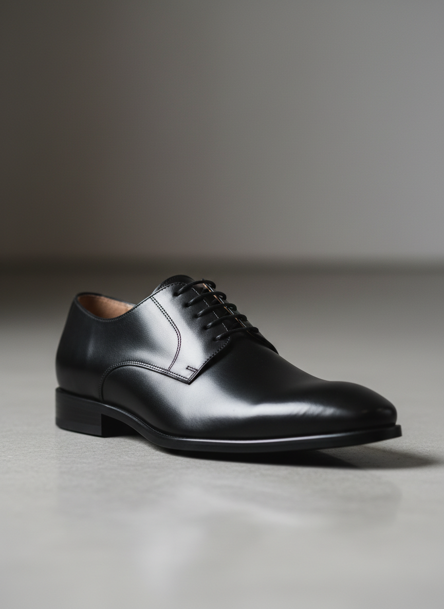Un par de zapatos de vestir mexicanos de piel negra de alta calidad, con acabado ligeramente brillante y costuras finas, colocados sobre una base de cemento pulido gris claro. La cámara se sitúa a nivel del suelo, con un ligero ángulo lateral que resalta la silueta elegante y la suela perfectamente definida. Luz de estudio suave desde un lado, creando reflejos controlados en la piel y sombras limpias debajo del calzado. Fondo desenfocado en tonos neutros, minimalista y sin distracciones. Estética fotográfica realista, limpia y profesional, ideal como imagen principal de catálogo para un sitio web de “El mejor calzado de México”. Ambiente sobrio y moderno que transmite calidad premium y confianza.