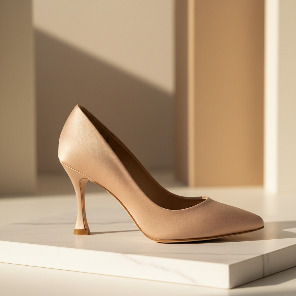 Un elegante zapato de tacón mexicano en tono nude satinado, con punta fina y talón esculpido, colocado sobre una base de mármol blanco con vetas suaves.