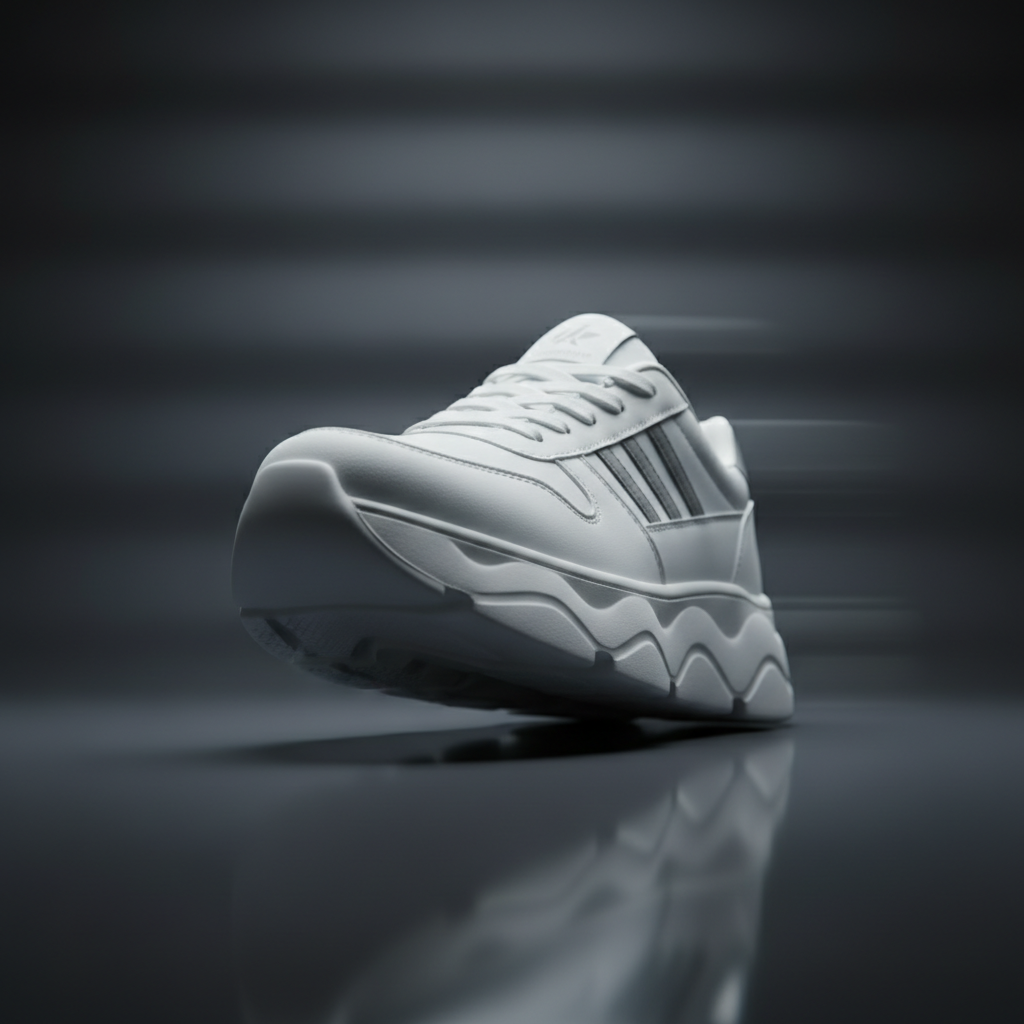 Un sneaker blanco mexicano, con suela gruesa y detalles mínimos en gris, capturado en un instante congelado mientras parece avanzar.