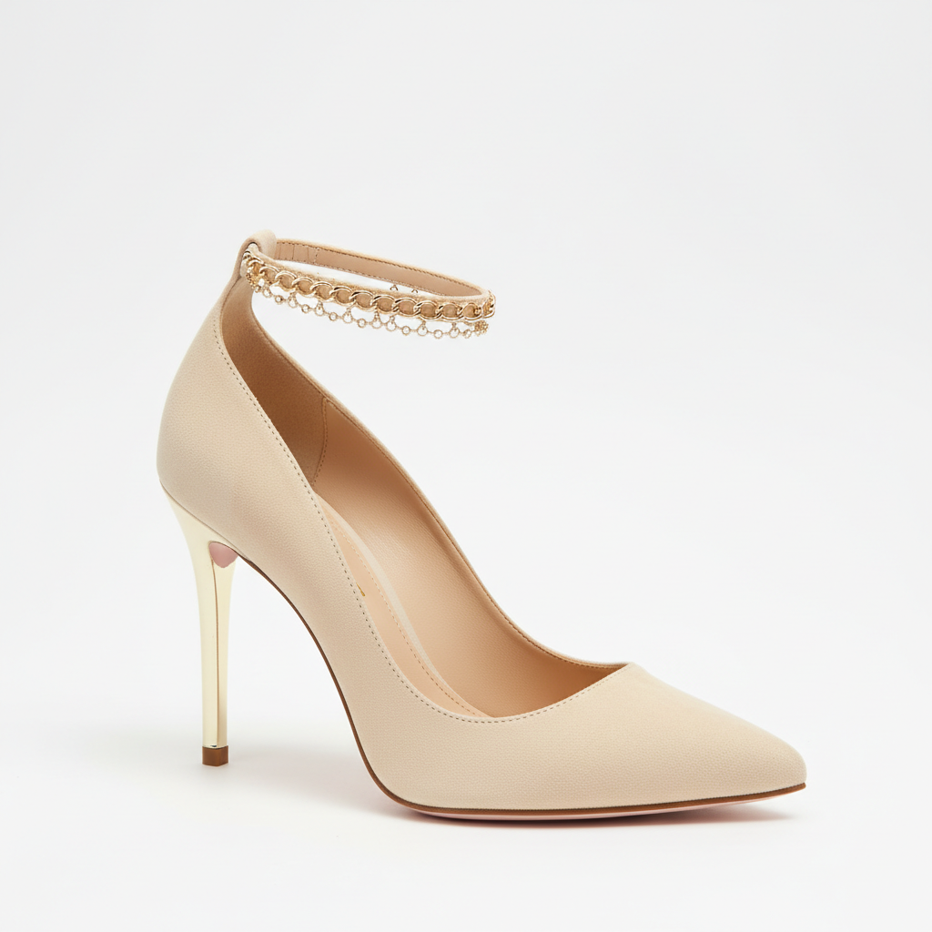 Zapatilla de tacón de mujer en tono nude sobre fondo blanco