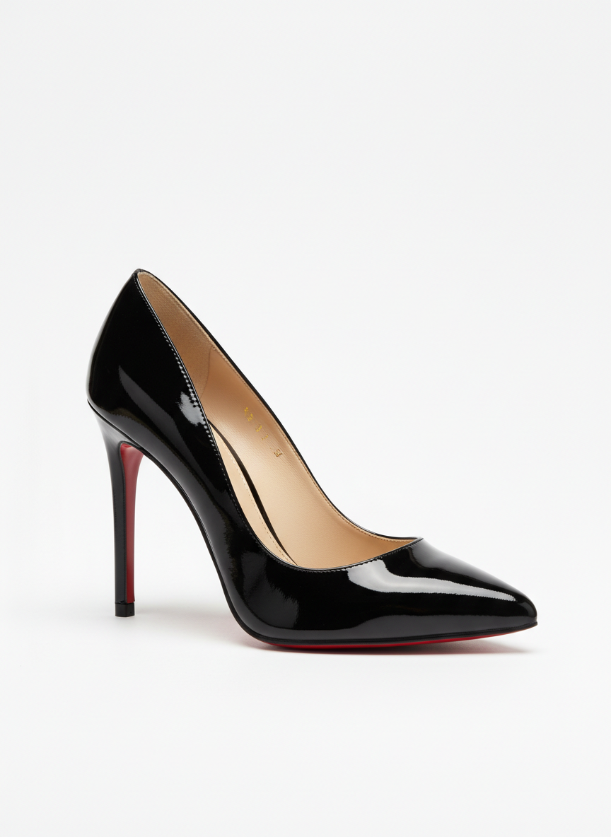 Zapatilla de tacón puntiaguda negra de mujer sobre fondo blanco