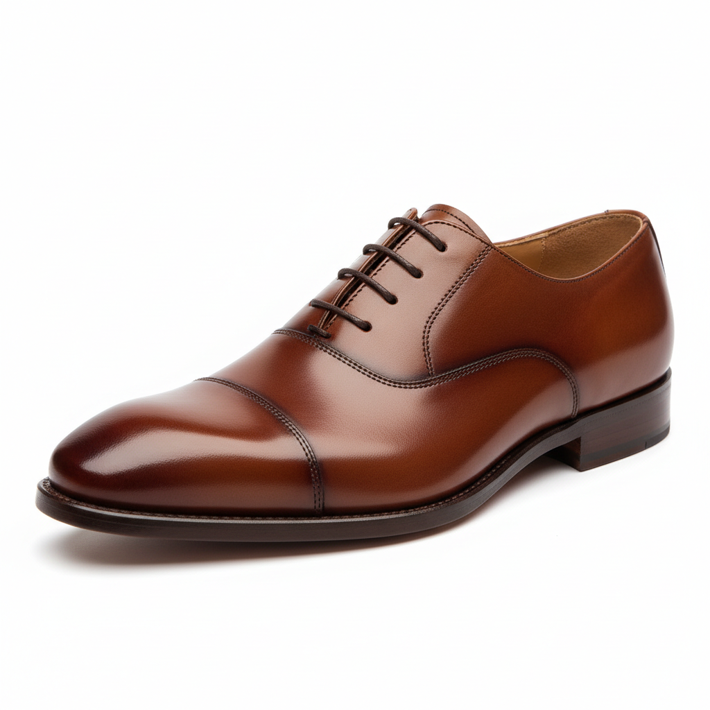 Zapato oxford de cuero marrón para hombre sobre fondo blanco