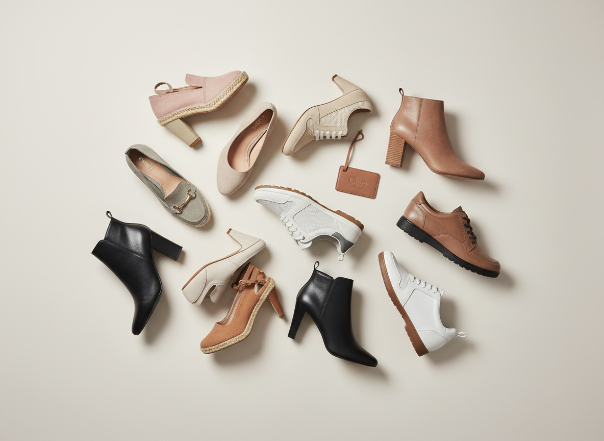 Fotografía de catálogo de zapatos Cloe: varios pares de zapatos de mujer casuales, deportivos y formales, en un arreglo moderno sobre fondo neutro claro, con luz de estudio suave y estilo elegante para tienda online. Diferente composición a la imagen de la otra columna para que no se vean repetidas.