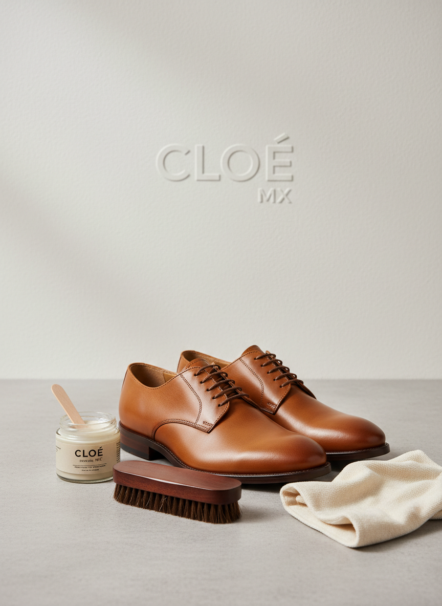 Fotografía vertical de unos zapatos de piel limpios y bien cuidados junto a productos para el cuidado del calzado (crema, cepillo, paño), en un fondo neutro y estético, acorde a la marca Cloe Mx, estilo moderno y minimalista.
