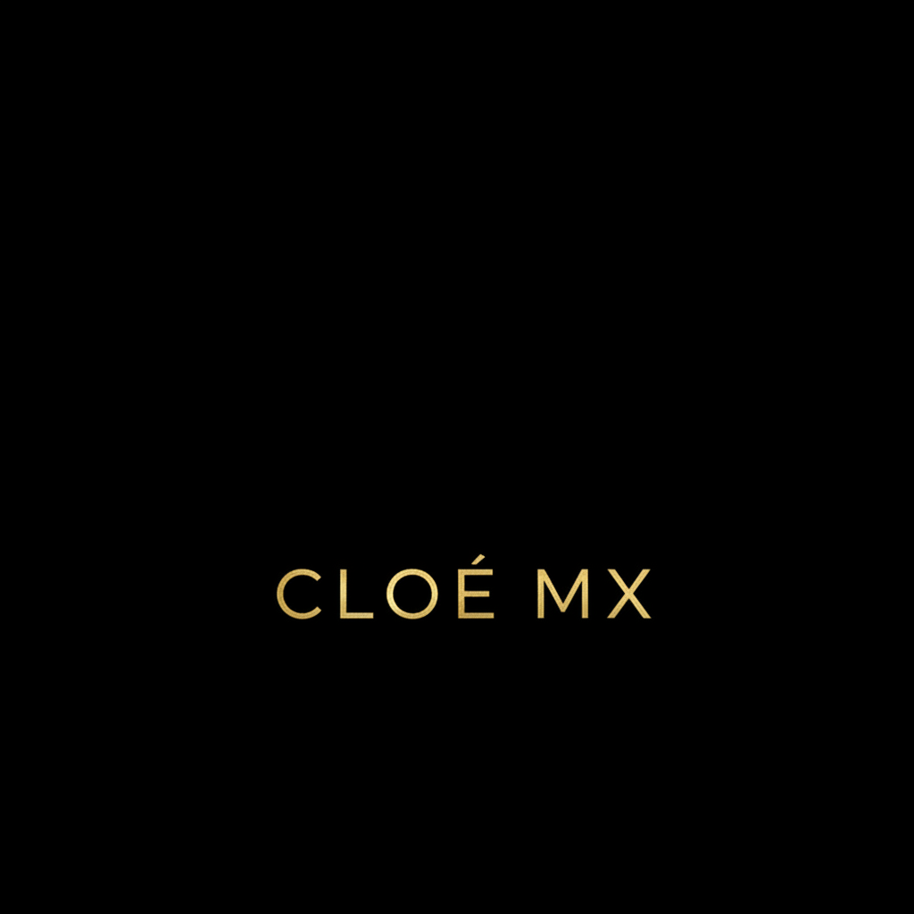 Logo cuadrado solo de texto que diga "CLOE MX" sin iconos ni tacón, con letras doradas elegantes en tipografía sans serif moderna, centradas sobre un fondo negro sólido, estilo minimalista y sofisticado de marca de calzado de lujo.