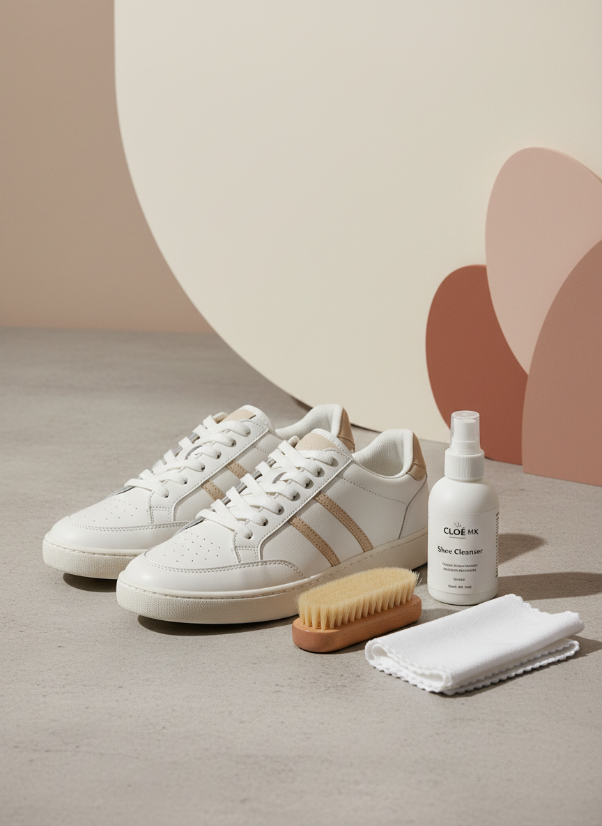 Fotografía vertical estilo moderno y minimalista de unas zapatillas limpias y bien cuidadas junto a productos para el cuidado del calzado (cepillo suave, limpiador, paño), sobre un fondo neutro y estético acorde a la marca Cloe Mx, iluminación suave, aspecto profesional, encuadre 3/4.