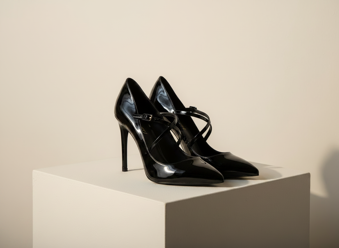 Edit the existing image so that the women's high heel shoes are black instead of red. Keep the same elegant, sophisticated, minimalist style, neutral background, professional photography, and warm lighting.